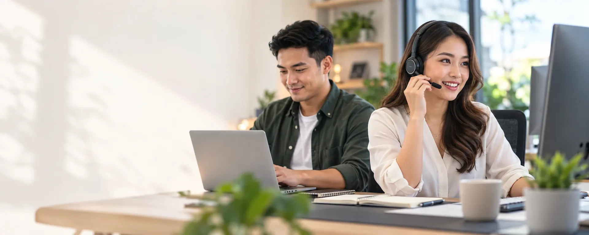 Virtual assistants answering calls and working on laptops