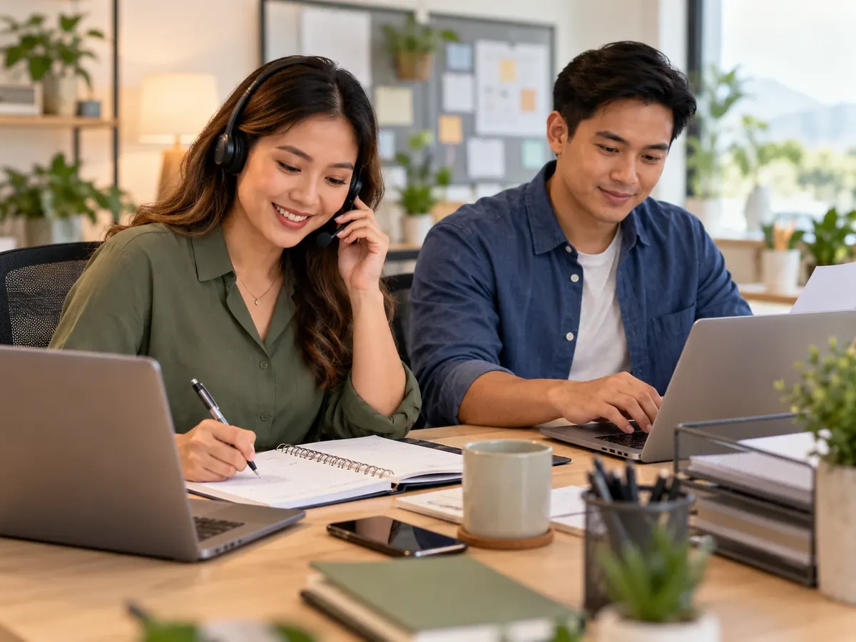 A virtual assistant on a call while a colleague works on a laptop
